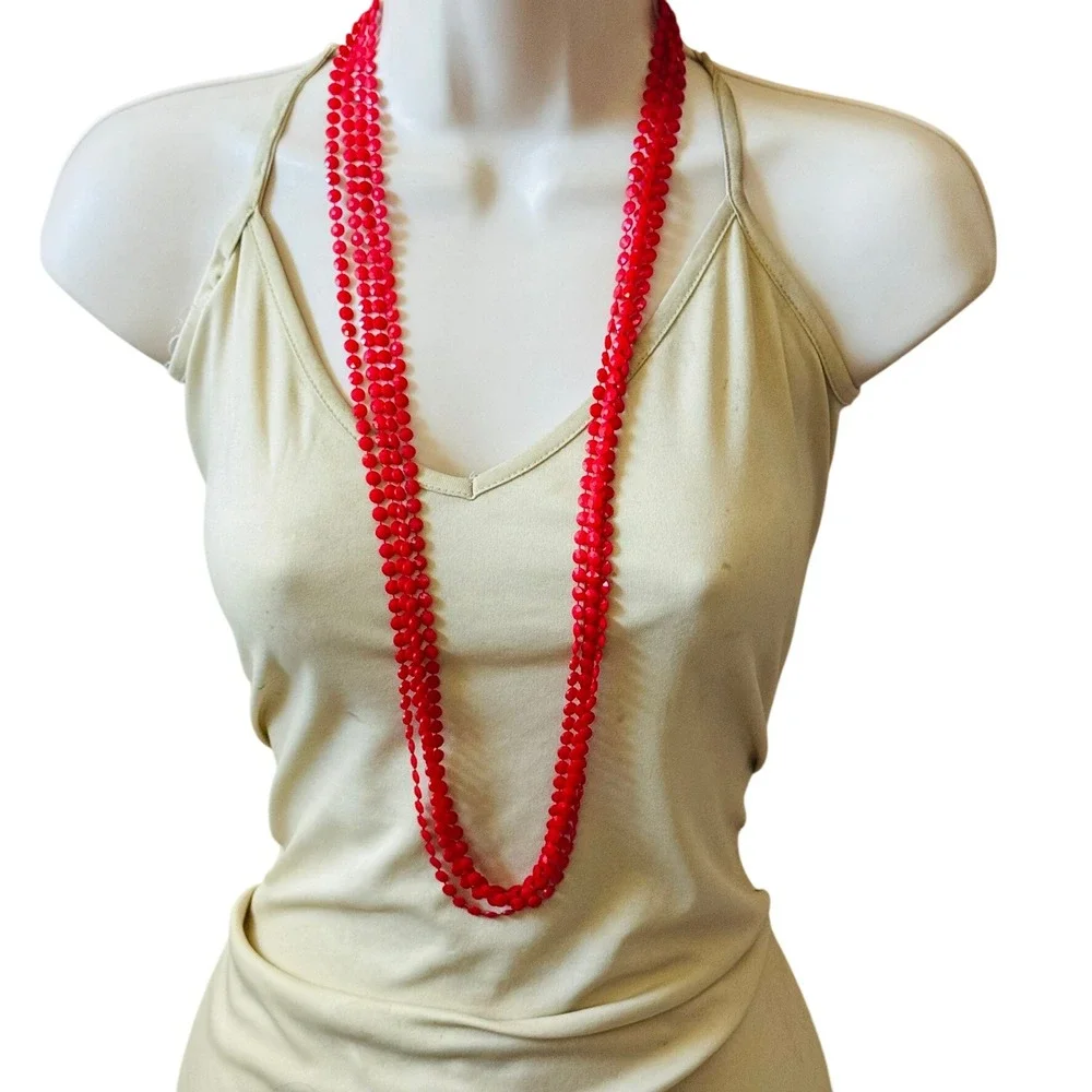 VTG Retro 60s Lucite multi beaded necklace bright red beads‎ Long Statement 36